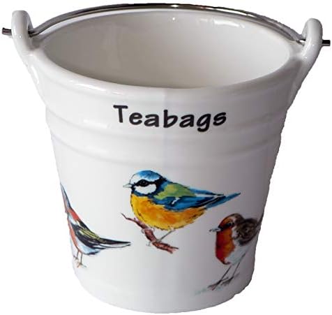 Garden Birds Design Bucket Teabag Tidy, Porcelain Bucket Teabag Tidy
