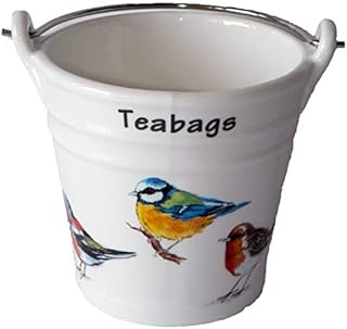 Garden Birds Design Bucket Teabag Tidy, Porcelain Bucket Teabag Tidy