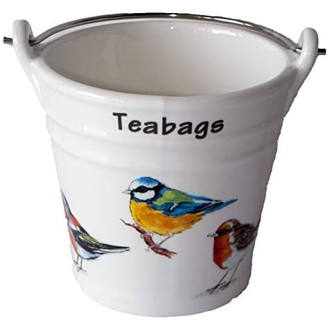 Garden Birds Design Bucket Teabag Tidy, Porcelain Bucket Teabag Tidy Cover