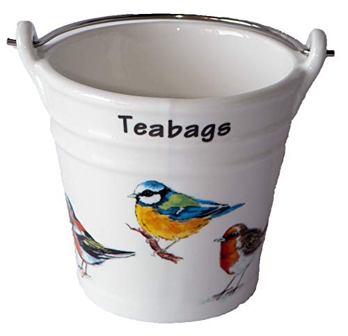 YOZEE Garden Birds Design Bucket Teabag Tidy, Porcelain Bucket Teabag Tidy