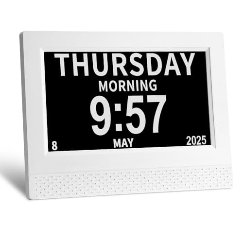 Goxiry Reloj Digital de 7 Pulgadas, Reloj Calendario con Fecha, Modos Múltiples con Ajuste Automático de Brillo,10 Idiomas para Personas Mayores,Alzheimer (Blanco)