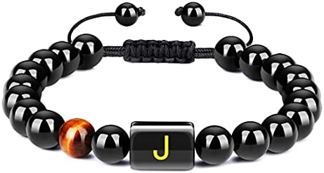FLTSF.H Initial Bracelets for Men Letter Link Handmade 8mm Natural Black Onyx Tiger Eye Stone Beads Braided Rope Meaningful Bracelet Father's Day Gift