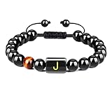 FLTSF.H Initial Bracelets for Men Letter Link Handmade 8mm Natural Black Onyx Tiger Eye Stone Beads