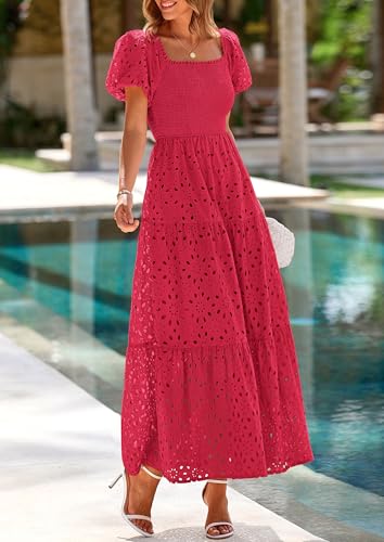 Image of PRETTYGARDEN Summer Dresses for Women 2026 Eyelet Square Neck Puff Sleeve Smocked Wedding Guest Maxi Dress with Pockets