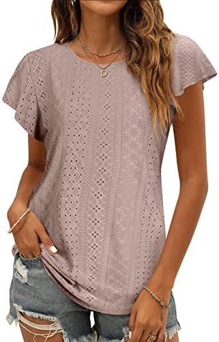 Womens Tops Summer Ruffle Sleeve Crew Neck Tshirts Loose Fit Casual Cute Top Blouses Pink