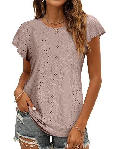 Womens Tops Summer Ruffle Sleeve Crew Neck Tshirts Loose Fit Casual Cute Top Blouses Pink #TOP16