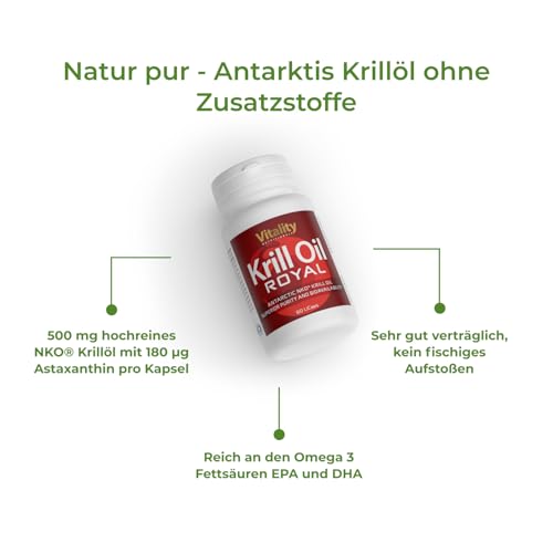 Omega 3 Kapseln Hochdosiert aus Krill Öl mit DHA + EPA + Astaxanthin (60 Stk), Krill aus nachhaltigem Wildfang, Krill Öl Hochdosiert, Krillöl Royal Vitality Nutritionals by VitaminExpress