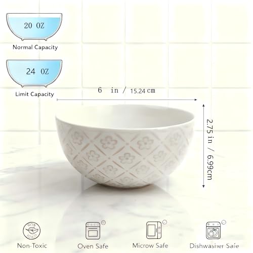UDNORDGLOW Cereal Bowls 24 oz, Ceramic Soup Bowl for Kitchen, Ceramic Embossed Bowl for pho, Chip, Fruits, Breakfast, Salad, Snack,Large Bowl Decor & Housewarming Gift - 6 in, Set of 4, Arctic White