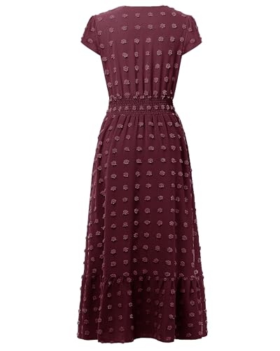 Image of CzzzyL Women Nursing Boho Maxi Dresses Cap Short Sleeve V Neck Swiss Dot High Waisted A-Line Ruffle Tiered with Pockets