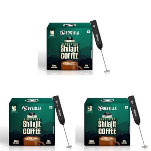 Image of Bevzilla Original Himalayan Shilajit Coffee (40 Sachets) + Rechargeable Milk Frother | 40 Sachets x 2.5g Pure Shilajit | Instant Coffee Combo | Electric Frother (Pack of 3)