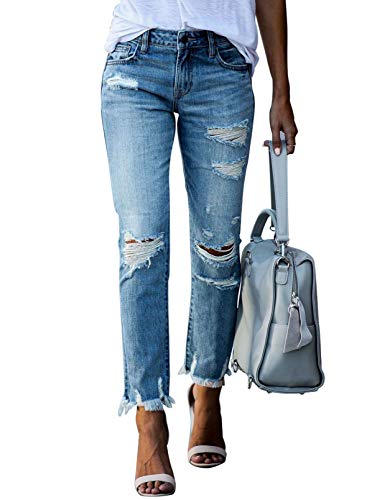 GOSOPIN Women Ripped Slim Fit Jeans Boyfriend Distressed Ankle Denim Pants Medium Blue