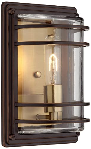 Image of John Timberland Habitat Industrial Rustic Wall Light Sconce Bronze Warm Brass Hardwired 7 1 /2 inch Fixture Clear Glass Shade for Bedroom Bathroom Vanity Reading Living Room Hallway House Home Decor