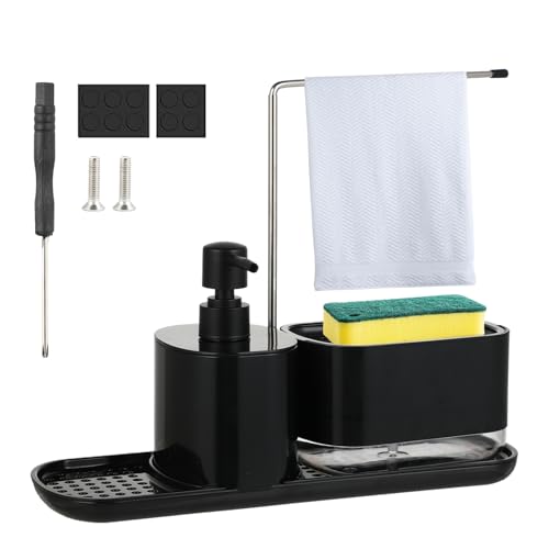 Set dispensador jabón Cocina 2 en 1 - Dispensador para Manos y Platos con Estropajo jabonoso y Porta estropajos Fregadero - Ideal para dispensador jabón Cocina - Negro