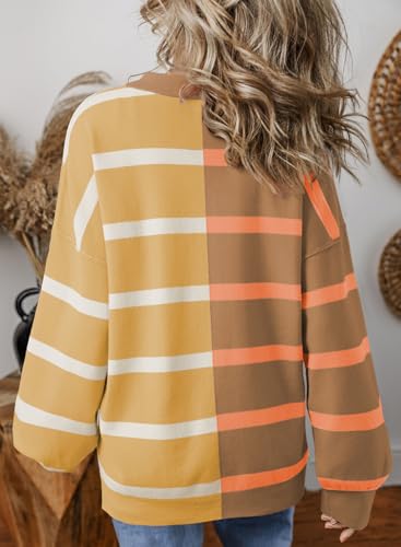 Image of EVALESS Womens Striped Sweaters Long Sleeve Cable Knitted Color Block Casual Loose Lightweight Oversized Sweaters Pullover