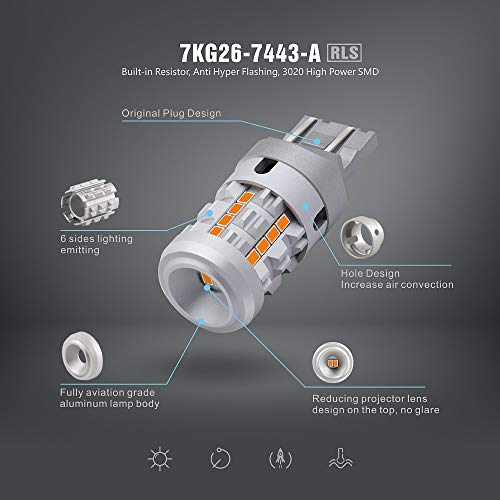 SIRIUSLED RLS 7443 7444 Built In Resistor Canbus Anti Hyper Flashing Error LED Turn Signal Light Bulb with Full Aluminum Body Dual Filament Smart Driver Amber Orange Color Pack of 2