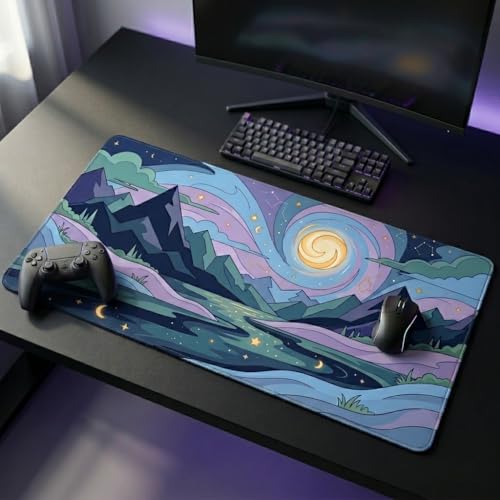 Image of MASI Picks Moonrise Valley Extended Desk Mat 458 x 915 mm| Large Mouse Pad with Stitched Edges | 3mm Thick Desk Pad with Anti-Slip Rubber Base | Smooth Surface for Office, Work & Gaming