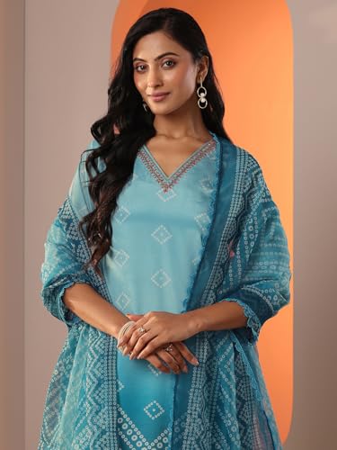 Image of Libas Blue Printed Chinon Straight fit Kurta set for Women | daily wear suit