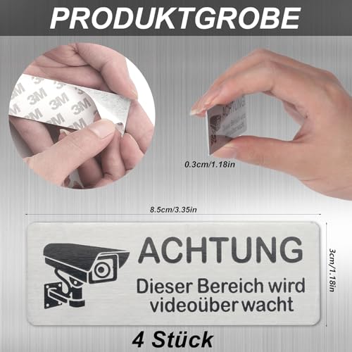 XxinXrong 4 Stück Videoüberwachung Schilder, Achtung Videoüberwachung Schild Privatgrundstück, Aluminium Hinweisschild Kamera Überwachung Schild, 85×30mm (4 Silber)