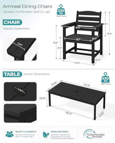 Image of SERWALL Outdoor Dining Set, 9 Piece HDPE Patio Dining Set, Black