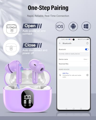 Wireless Earbuds, Bluetooth 5.4 Headphones Bass Stereo, Ear Buds with Noise Cancelling Mic, LED Display in Ear Earphones Clear Calls, IP7 Waterproof Bluetooth Earbuds for Laptop/Phones/Sports, Purple - 6