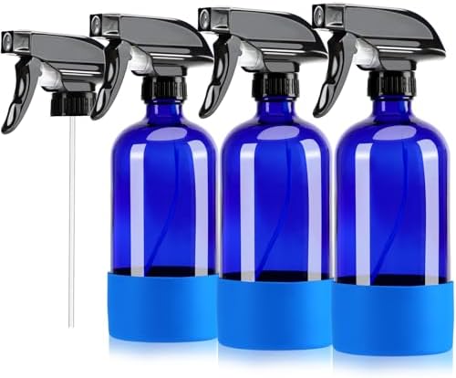 HOOPLE 3Pack Empty Glass Spray Bottles Pharmaceutical Glass with Silicone Sleeve- Refillable 17oz Containers for Essential Oils, Plants, Cleaning Solutions, with Mist and Stream Setting (blue)