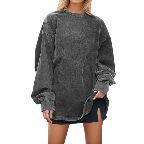 Image of Sweatshirts Women's Heavyweight Distressed Sweatshirt Long Sleeve Crewneck Pullover Washed Loose Fit Casual Tops For Fall Winter (Grey, L)