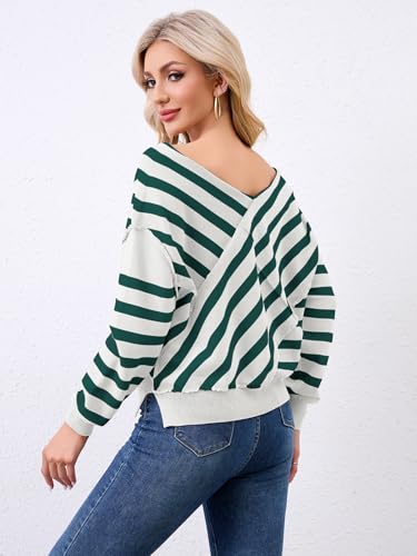 Image of Womens Oversized Off Shoulder Sweaters Striped Loose V Neck Cropped Long Sleeve Color Block Knitted Pullover