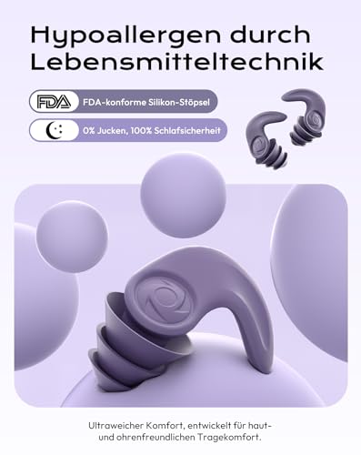 Ohrstöpsel zum Schlafen Gegen Schnarchen & Lärm - Ohrstöpsel Schwimmen Rutschfester Sitz für Seitenschläfer, Schwimmen und Sport - Ideal für Reisen, Büro und Bewegung Lila