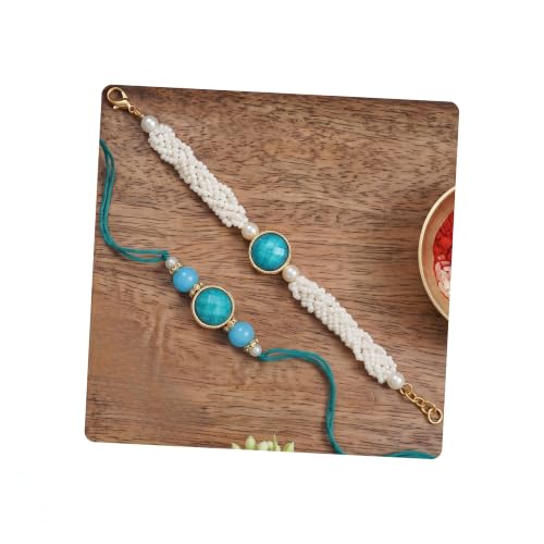 Image of I Jewels Designer Kundan Pearl beaded Bhaiya Bhabhi Lumba Rakhi Bracelet Combo Set With Roli Chawal & Rakshabandhan Greeting Card