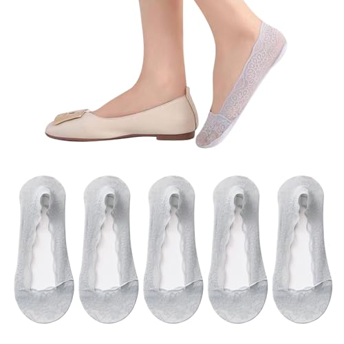 Image of 5 Pairs Low Cut Lace Socks - Ice Silk Thin No Show Non-Skid Boat Socks for Women & Girls