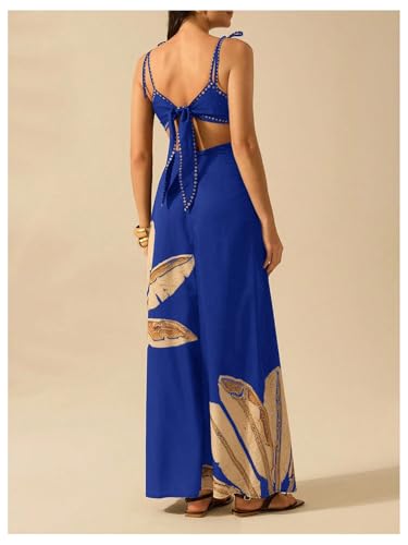 Image of SOLY HUX Women's Summer Maxi Dress Boho Print Tie Shoulder Spaghetti Strap Cut Out Tie Back Cami Dresses Sundress
