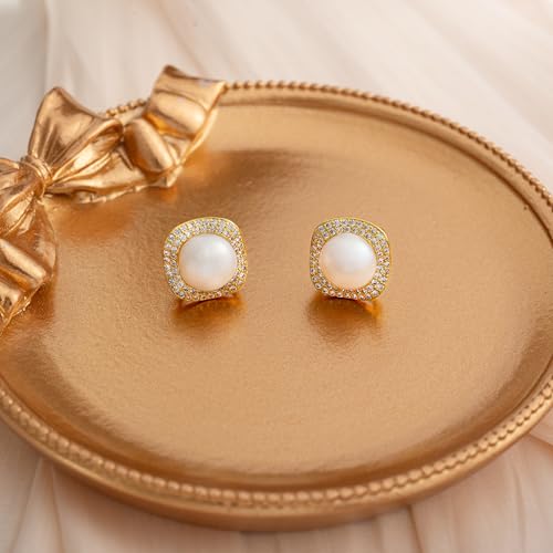 Pearl Earrings Studs 925 Sterling Silver 9MM Cultured Freshwater Pearl Cubic Zirconia Button Stud Earrings2