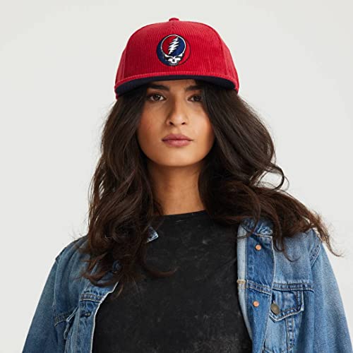 Image of Ripple Junction Grateful Dead Embroidered Steal Your Face Hat Retro Red Corduroy Adjustable Flat Bill Officially Licensed
