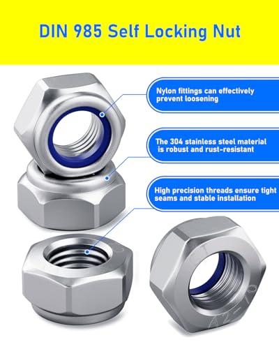 250 Stück Sechskantmutter, HOLMOL DIN 985 Selbstsichernde Muttern Edelstahl mit Box, Sicherungsmuttern für Schrauben, Selbstsichernde Muttern Set, A2 V2A Edelstahlmutter mit Metrischem Regelgewinde