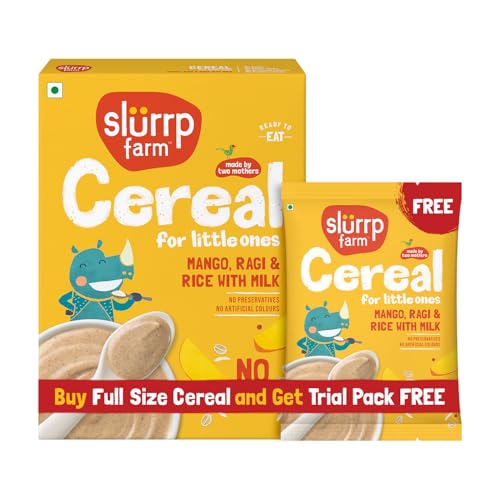 Image of Slurrp Farm No Added Sugar Instant Cereal | Ragi, Rice and Mango with Milk | Free Mango Cereal Trial Pack | 200g + Free 50g