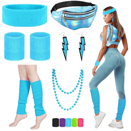 YOUYIKE 90er 80er Jahre Outfit Damen Blau Set, Gürteltasche, Neon Stirnband, Ohrring, Halskette, Handschuhe, 80er jahre accessoires Neon Thema Party 80er Jahre Karneval Kostüm Damen Frauen Mädchen