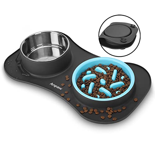Slow Feeder Dog Bowls 3 in 1 Stainless Steel Food and Water Bowls with Non-Spill and Skid Silicone Mat to Slow Down Eating for Large Medium Small Breed Size Dogs and Cats