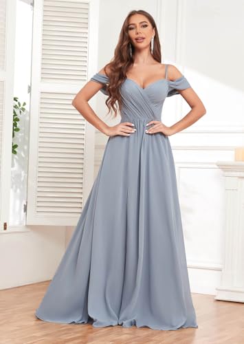 Image of Sukleet Women's Off Shoulder Bridesmaid Dresses Long Slit Chiffon Pleated Evening Formal Dress with Pockets