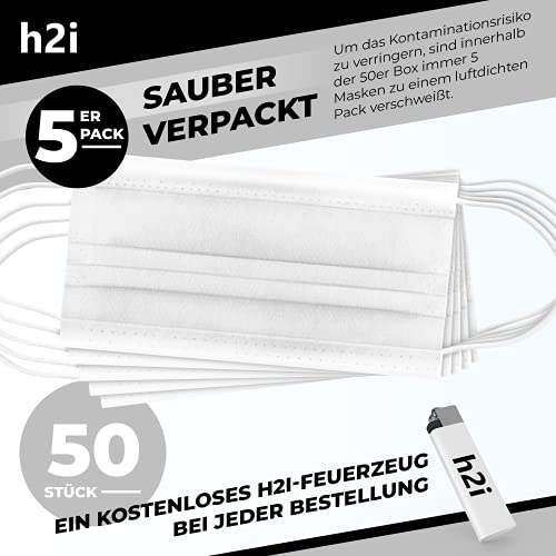 h2i 50 Stück 3-lagige Einwegmaske Mund-Nasen-Maske in Weiß, Mund- Nasenbedeckung in Einheitsgröße – Bild 3