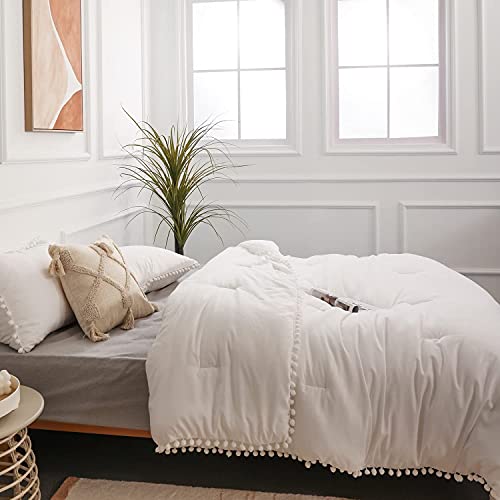 YIRDDEO Full Size Comforter Sets - Full Size Comforter with Ball Pom Fringe, Soft Bedding Set for All Seasons - 3 Pieces, 1 Comforter (79"x90") & 2 Pillow Shams(20"x26"), White