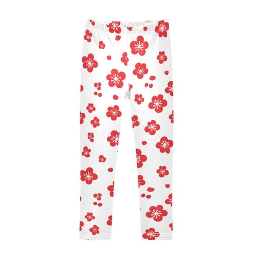 Red Flower Print Girls Leggings Ultra Soft Compression Yoga Gym Pants for Kids 4-10T