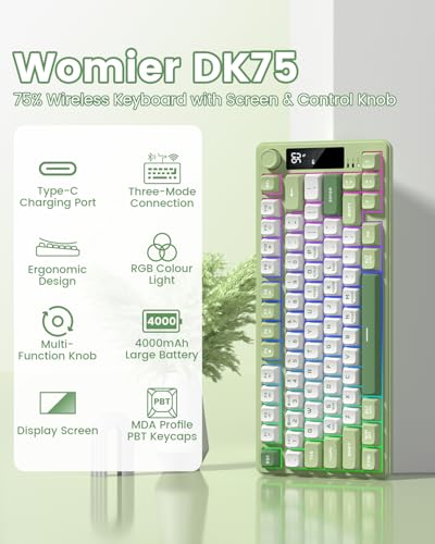 Image of Womier DK75 75% Wireless Gaming Keyboard, RGB Backlit Creamy Keyboard with Media Knob, OLED Screen, Tri-Mode 2.4GHz /USB-C /BT5.0, Anti-Ghosting No-Conflict Silent Membrane Keyboard for MAC Windows