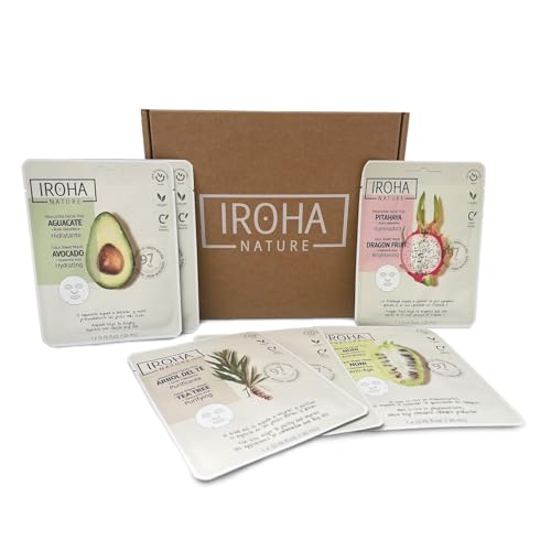 Iroha Nature - Kit Maschera Viso con Avocado, Tè, Pitaya e Noni | 6 Maschere per Pelle Sana e Idratata