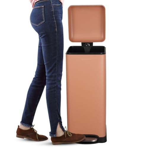 Image of happimess Betty 8 Gal Step Trash Can Soft-Close Lid, Clay Rose | Removable Liner, Semi-Rectangular, Steel Pedal, Iron Powder Coated, 27 inch Height, Non-Skid Base
