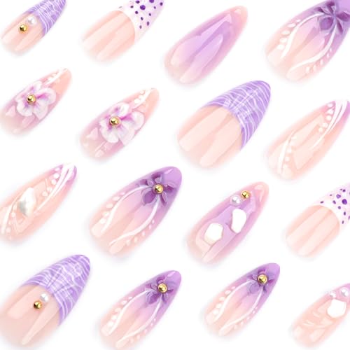 Image of Purple Press on Nails French Tip Fake Nails Medium Almond False Nail with Pearl Design 3D Flower Glue on Nails Artificial Acrylic Nail Nude Stick on Nail for Women Girls Manicure 24Pcs