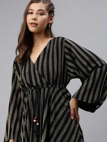 Image of SHOWOFFFF Women Stripe Print Empire Party Dress | V Neck Full Sleeves Lycra Dress for Womens | Above Knee Dress for Women's