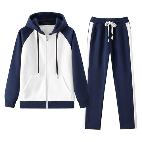 amropi Chándal de Mujer Chaqueta con Capucha y Jogging Pantalones 2 Piezas Conjunto de Deportivo Marina, XL