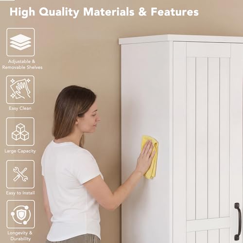 Image of Decofy 70 inch Tall Storage Cabinets, Large Wood Storage Pantry Cabinet with 6 Adjustable Shelves, 2 Striped Doors&Drawer, Standing Utility Cabinet for Kitchen, Bathroom, Dining Room, Antique(Soft White)