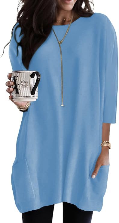 Poetsky Womens 3/4 Sleeve Tunics or Tops to Wear with Leggings Long Shirts Blouses with Pockets S-3XL