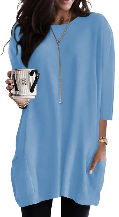 Poetsky Womens 3/4 Sleeve Tunics or Tops to Wear with Leggings Long Shirts Blouses with Pockets S-3XL